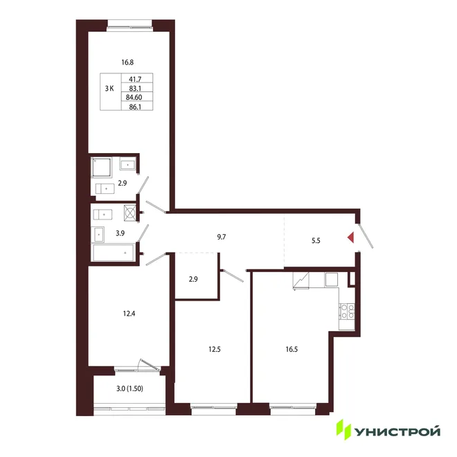 Планировка 3-комн. квартира, 84.6 м² ЖК «Лисино» Планировка 3-комн. квартира, 84.6 м² ЖК «Лисино»