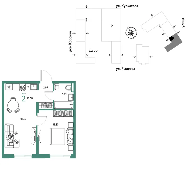 Планировка 2-комн. квартира, 38.75 м² ЖК «Остров-сад» Планировка 2-комн. квартира, 38.75 м² ЖК «Остров-сад»