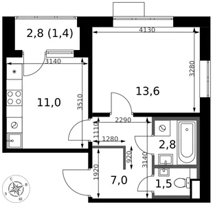 Планировка 1-комн. квартира, 37.3 м² ЖК «1-й Химкинский»