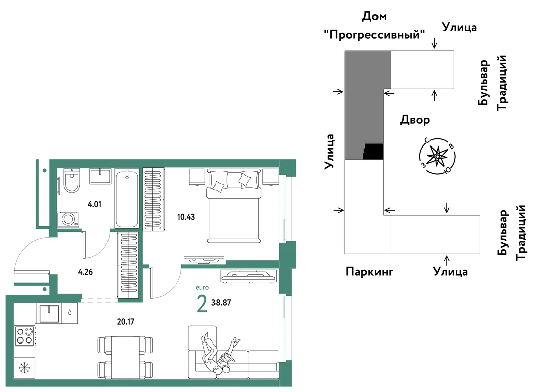 Планировка 2-комн. квартира, 38.87 м² ЖК «Микрорайон Домашний»
