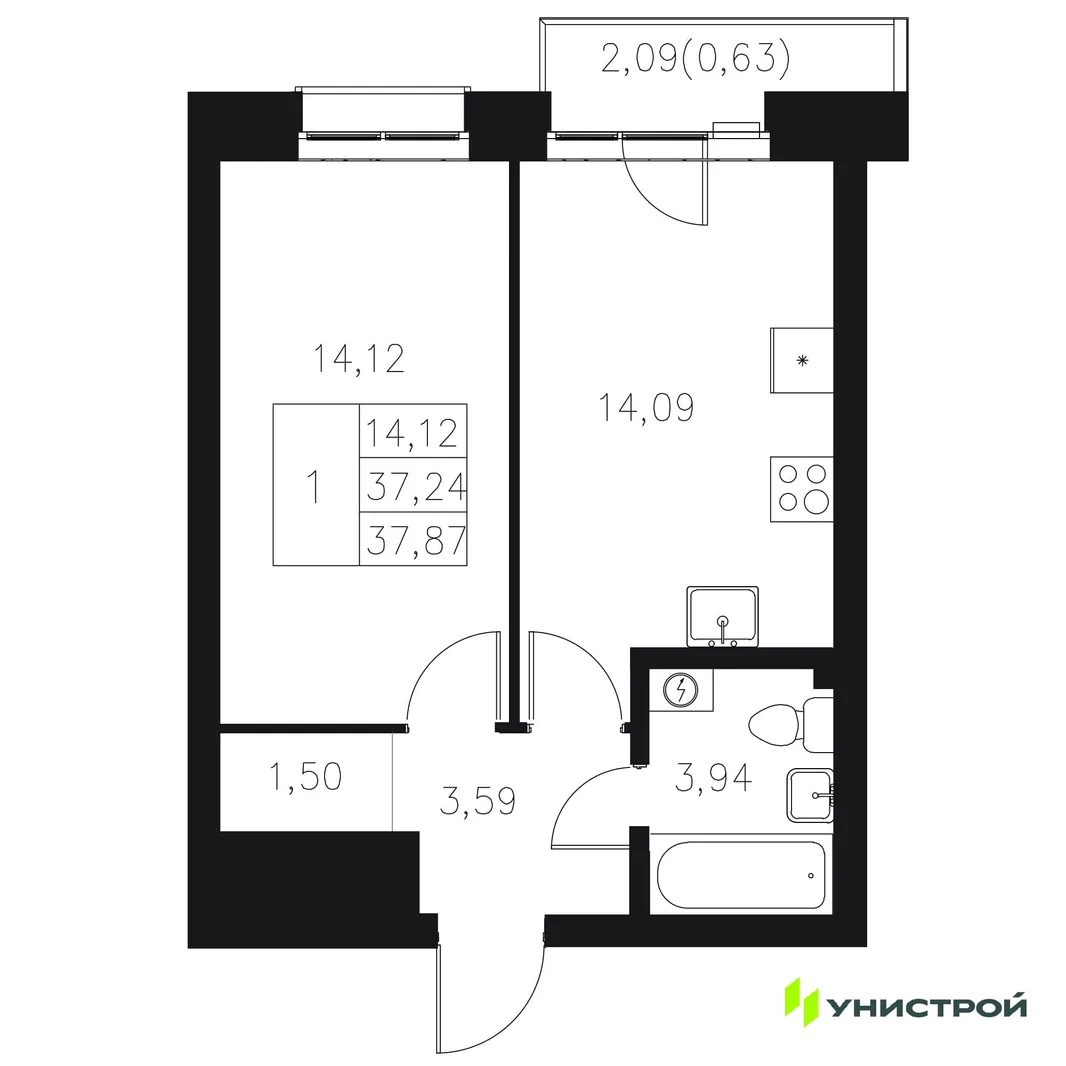 Планировка 1-комн. квартира, 37.87 м² ЖК «Statum»