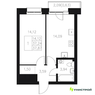 Планировка 1-комн. квартира, 37.87 м² ЖК «Statum»