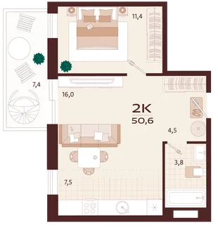 Планировка 2-комн. квартира, 50.6 м² ЖК «Роялта»