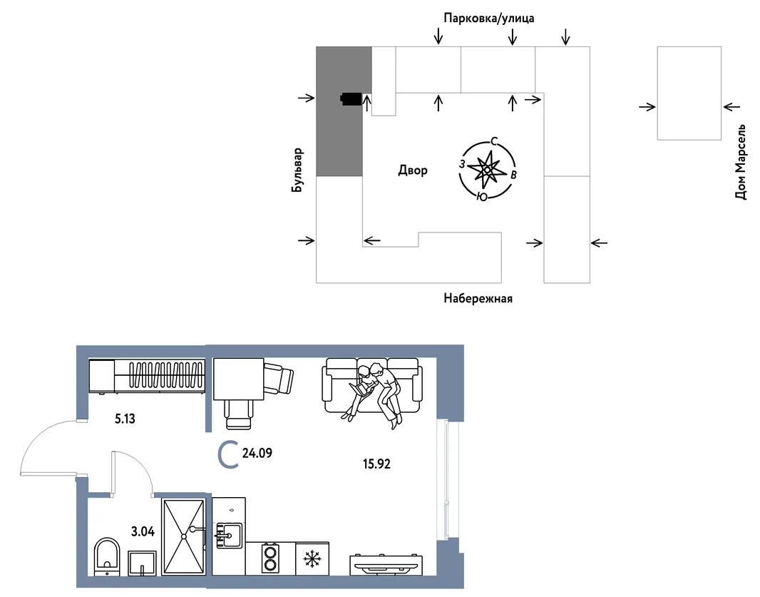 Планировка Студия, 24.09 м² ЖК «Европейский берег 2.0»