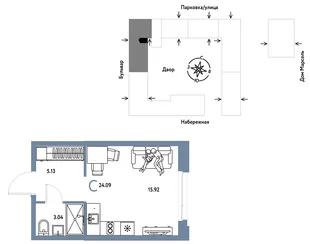 Планировка Студия, 24.09 м² ЖК «Европейский берег 2.0»