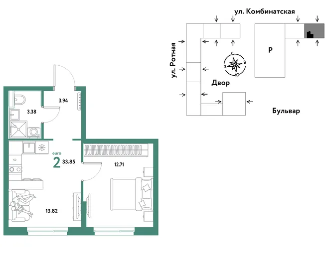 Планировка 2-комн. квартира, 33.65 м² ЖК «Уральский сад» Планировка 2-комн. квартира, 33.65 м² ЖК «Уральский сад»