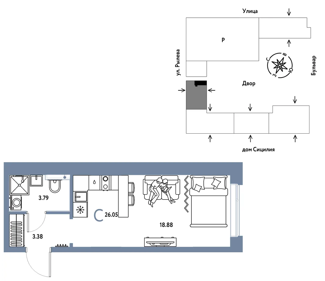 Планировка Студия, 26.05 м² ЖК «Остров-сад»