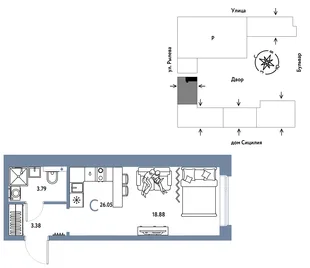 Планировка Студия, 26.05 м² ЖК «Остров-сад»