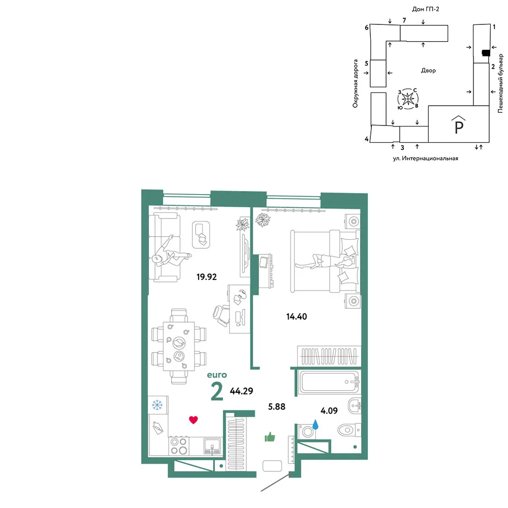 Планировка 2-комн. квартира, 44.29 м² ЖК «Юнион»