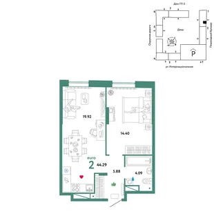 Планировка 2-комн. квартира, 44.29 м² ЖК «Юнион»