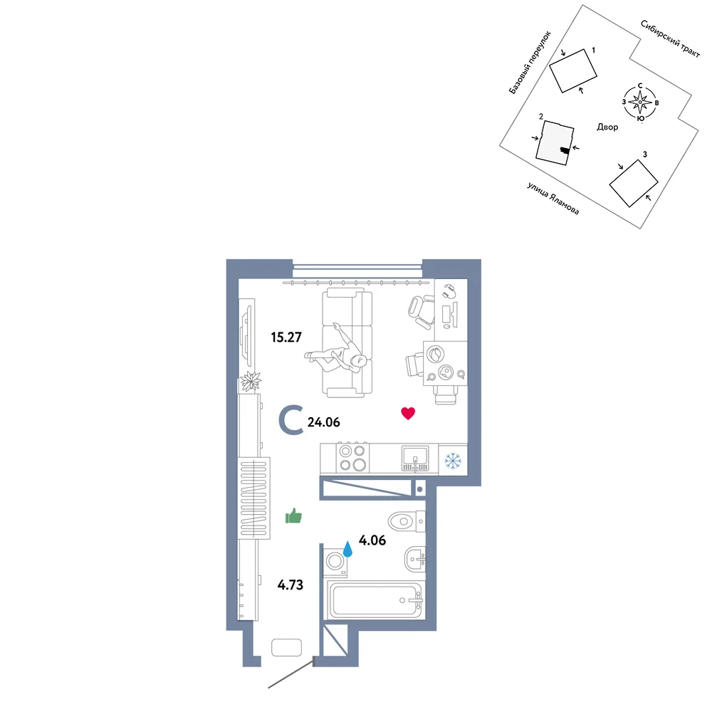 Планировка Студия, 24.06 м² ЖК «Сибирский сад»