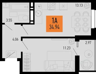 Планировка 1-комн. квартира, 34.94 м² ЖК «Столицыно»
