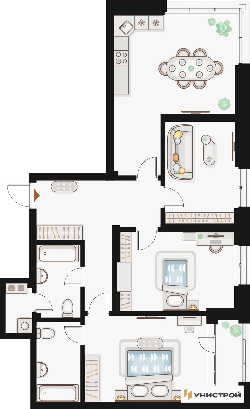 Планировка 3-комн. квартира, 99.25 м² ЖК «Жилой кластер Q на Кулагина»
