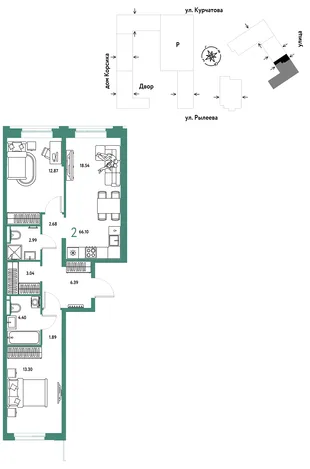 Планировка 2-комн. квартира, 66.54 м² ЖК «Остров-сад»
