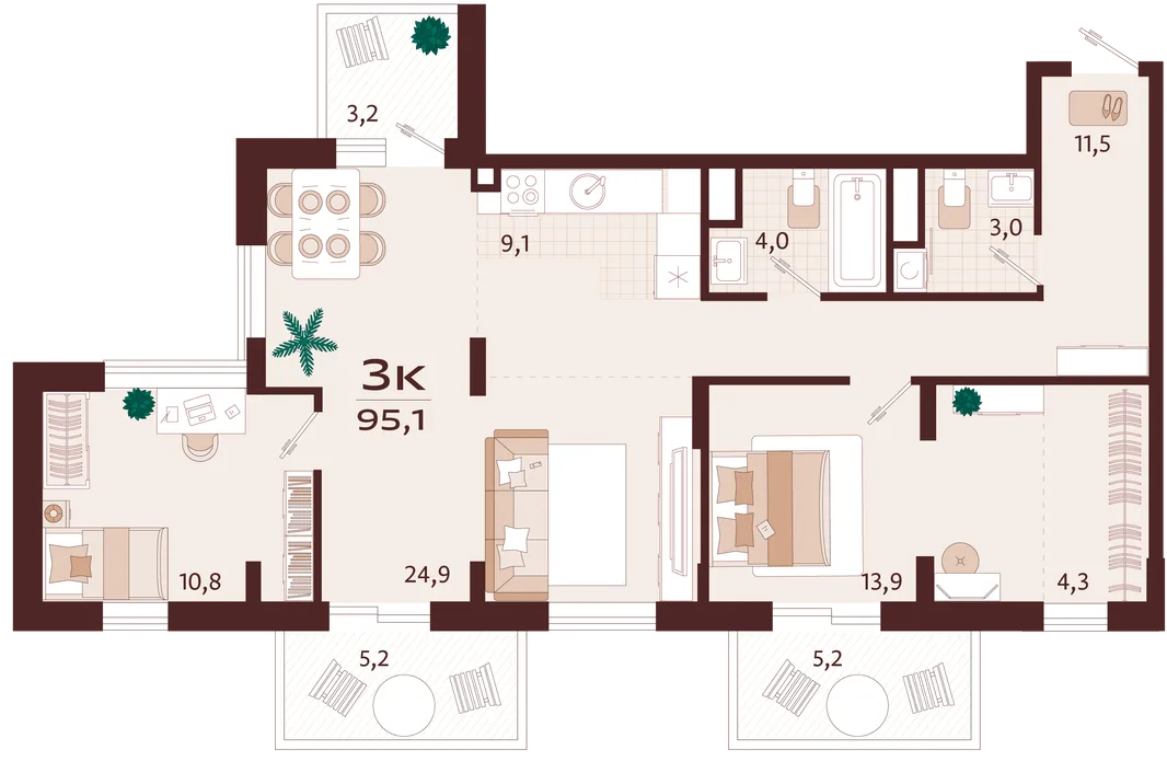 Планировка 3-комн. квартира, 95.1 м² ЖК «Роялта»