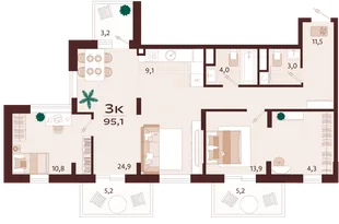 Планировка 3-комн. квартира, 95.1 м² ЖК «Роялта»