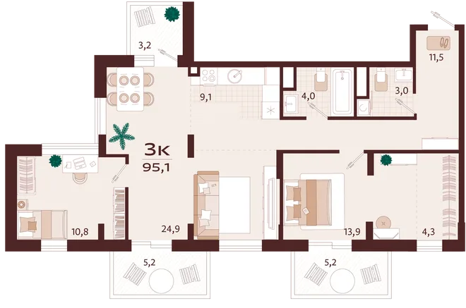 Планировка 3-комн. квартира, 95.1 м² ЖК «Роялта» Планировка 3-комн. квартира, 95.1 м² ЖК «Роялта»