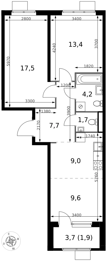 Планировка 3-комн. квартира, 65 м² ЖК «1-й Химкинский»