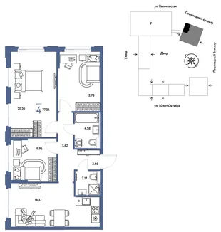 Планировка 4-комн. квартира, 77.34 м² ЖК «Сердце Сибири»