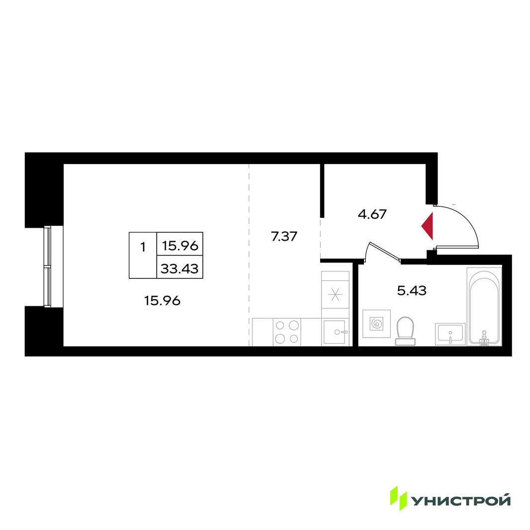 Планировка 1-комн. квартира, 33.43 м² ЖК «Уникум на Энгельса»