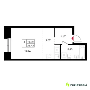 Планировка 1-комн. квартира, 33.43 м² ЖК «Уникум на Энгельса»