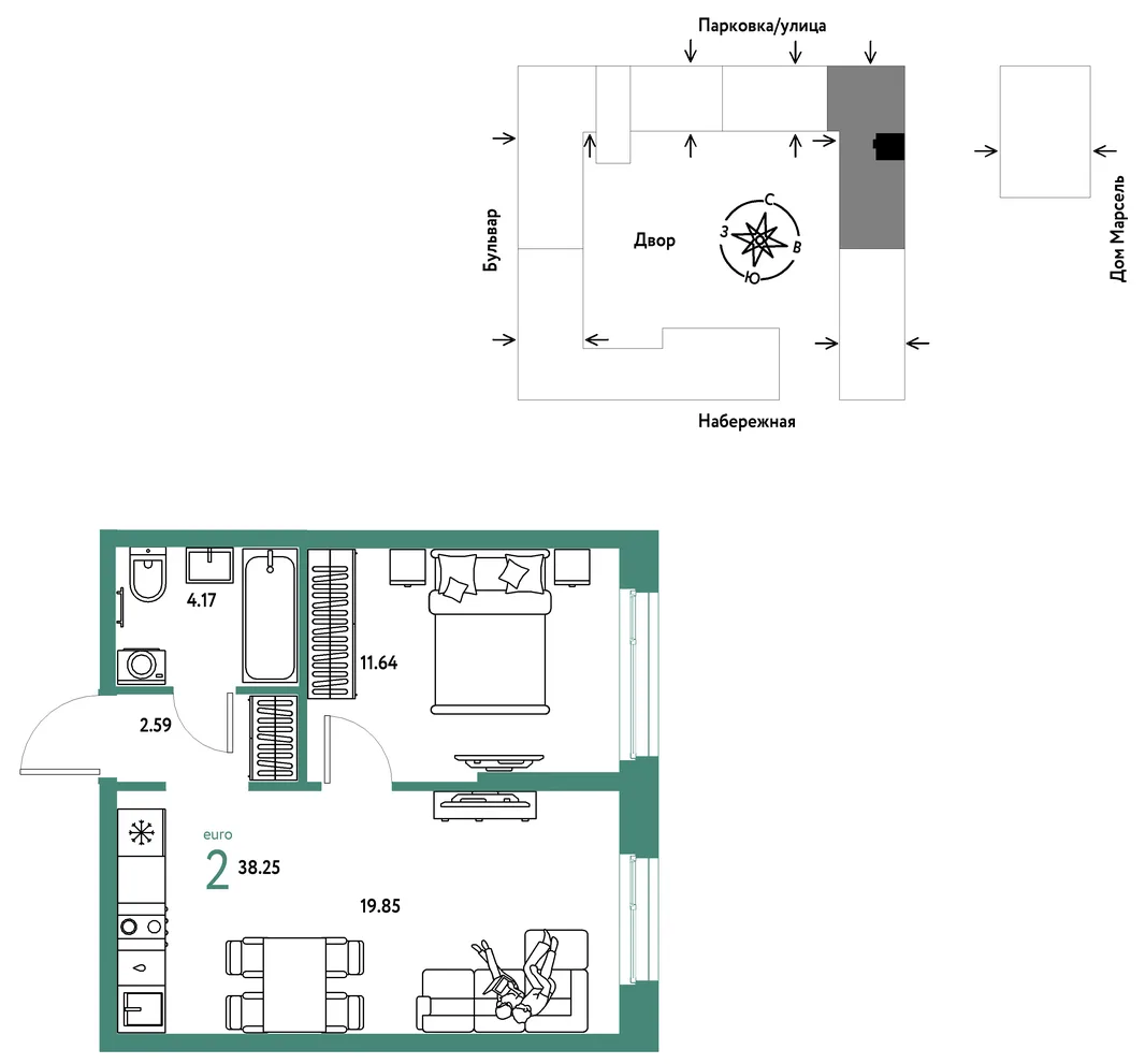 Планировка 2-комн. квартира, 38.25 м² ЖК «Европейский берег 2.0»