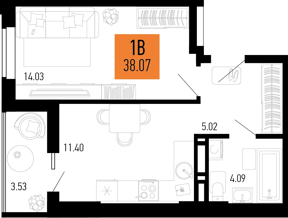 Планировка 1-комн. квартира, 38.07 м² ЖК «Столицыно»
