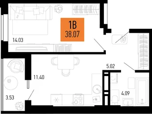 Планировка 1-комн. квартира, 38.07 м² ЖК «Столицыно»