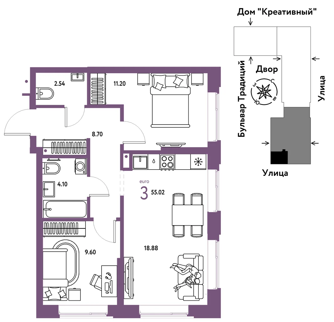 Планировка 3-комн. квартира, 55.02 м² ЖК «Микрорайон Домашний»