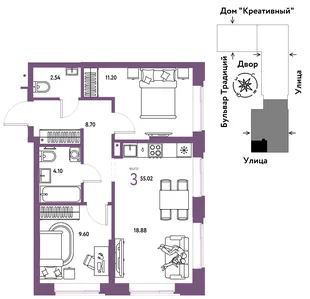 Планировка 3-комн. квартира, 55.02 м² ЖК «Микрорайон Домашний»