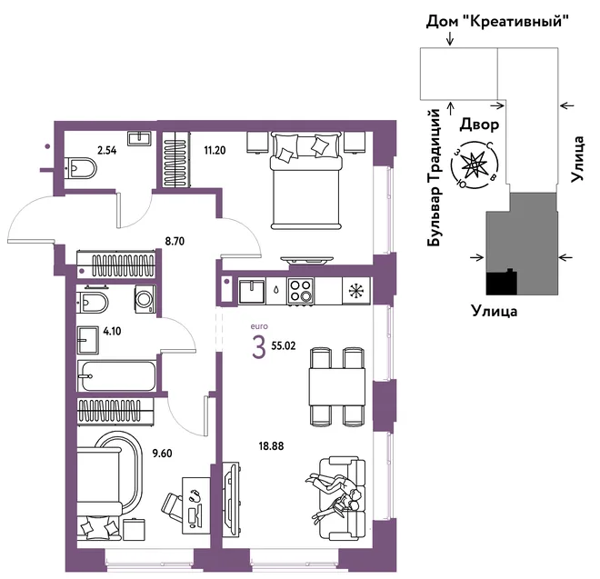Планировка 3-комн. квартира, 55.02 м² ЖК «Микрорайон Домашний» Планировка 3-комн. квартира, 55.02 м² ЖК «Микрорайон Домашний»
