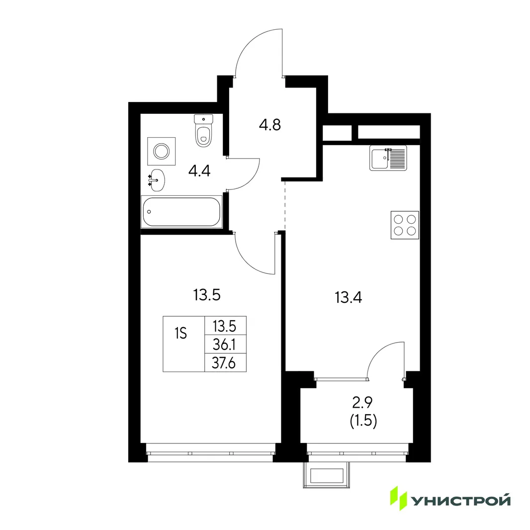 Планировка 1-комн. квартира, 37.6 м² ЖК «Стадиум»