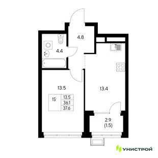 Планировка 1-комн. квартира, 37.6 м² ЖК «Стадиум»
