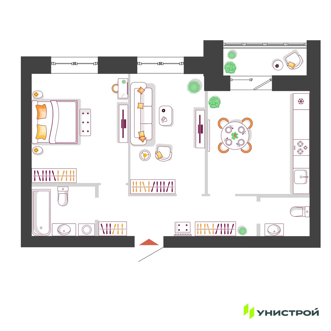 Планировка 2-комн. квартира, 56.78 м² ЖК «Южный бульвар 2»