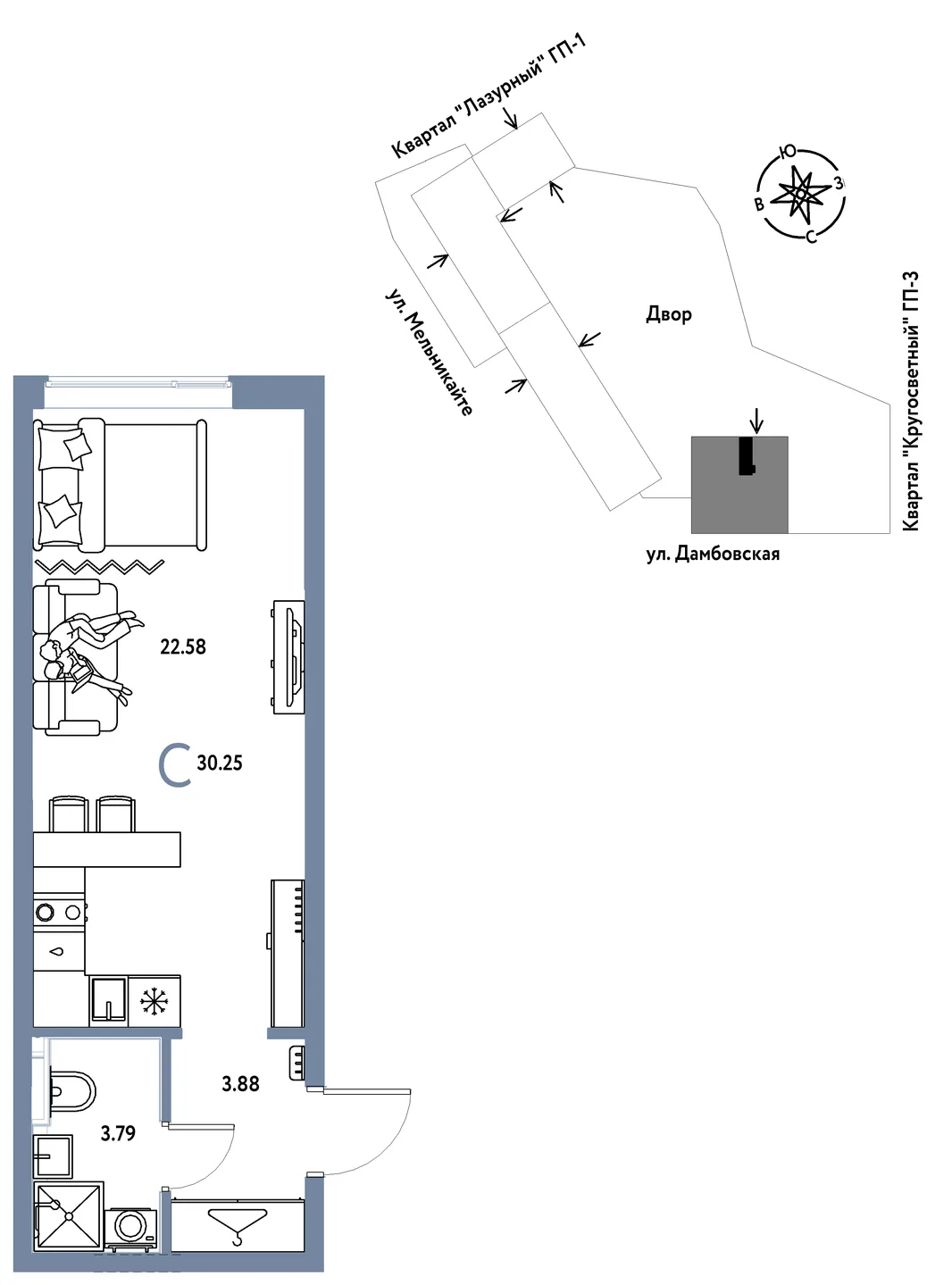 Планировка Студия, 30.25 м² ЖК «Страна Прибрежная»