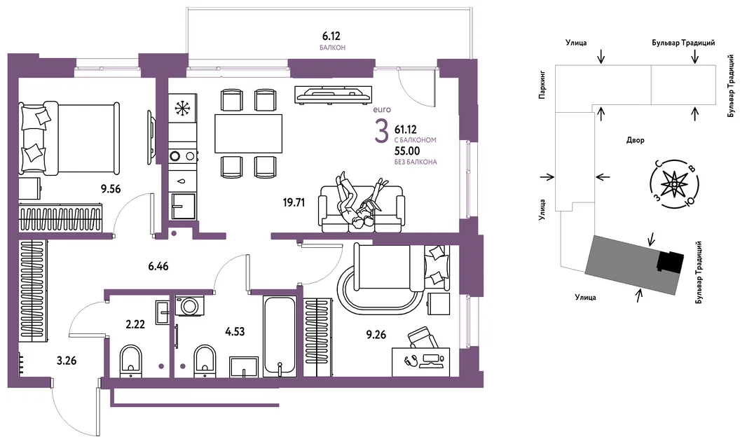 Планировка 3-комн. квартира, 61.12 м² ЖК «Микрорайон Домашний»