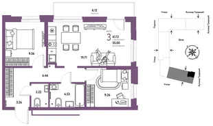 Планировка 3-комн. квартира, 61.12 м² ЖК «Микрорайон Домашний»