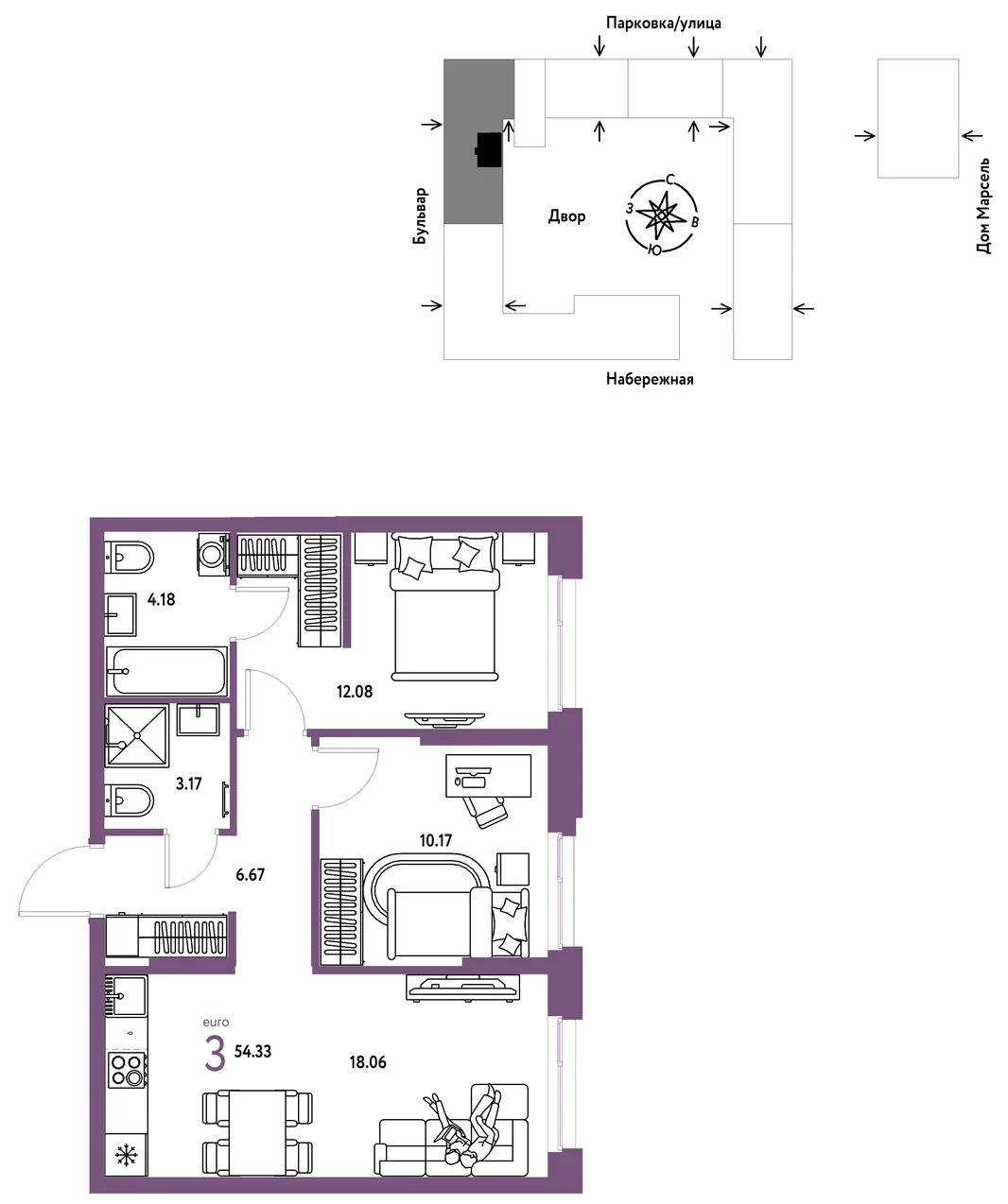 Планировка 3-комн. квартира, 54.33 м² ЖК «Европейский берег 2.0»