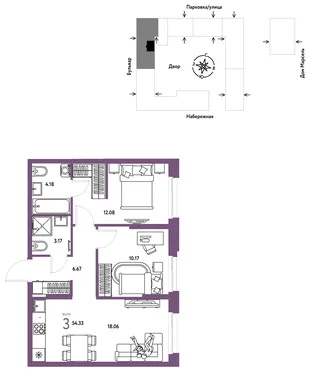 Планировка 3-комн. квартира, 54.33 м² ЖК «Европейский берег 2.0»