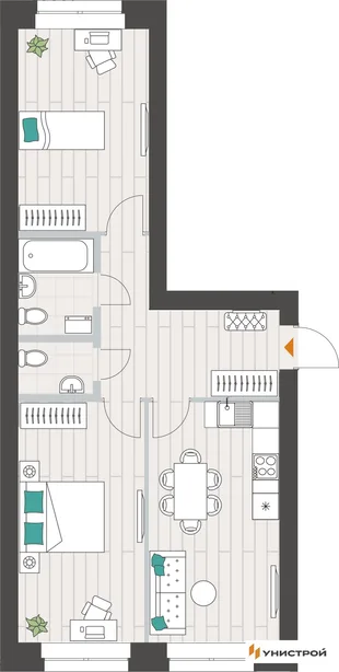 Планировка 2-комн. квартира, 62.68 м² ЖК «Аквамарин»