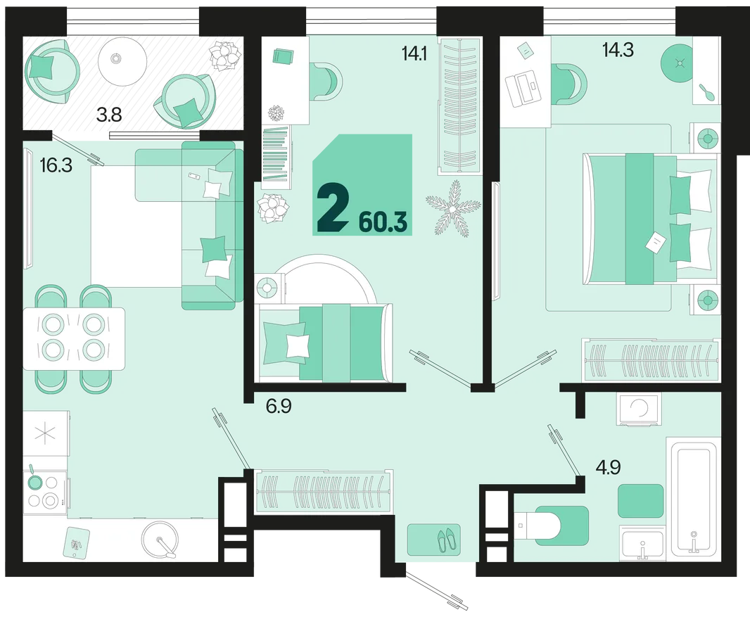 Планировка 2-комн. квартира, 60.3 м² ЖК «Первое место»
