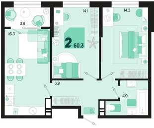 Планировка 2-комн. квартира, 60.3 м² ЖК «Первое место»