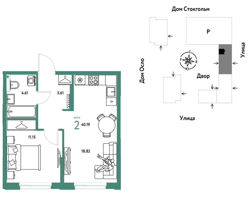 Планировка 2-комн. квартира, 40.19 м² ЖК «Европейский берег 2.0»