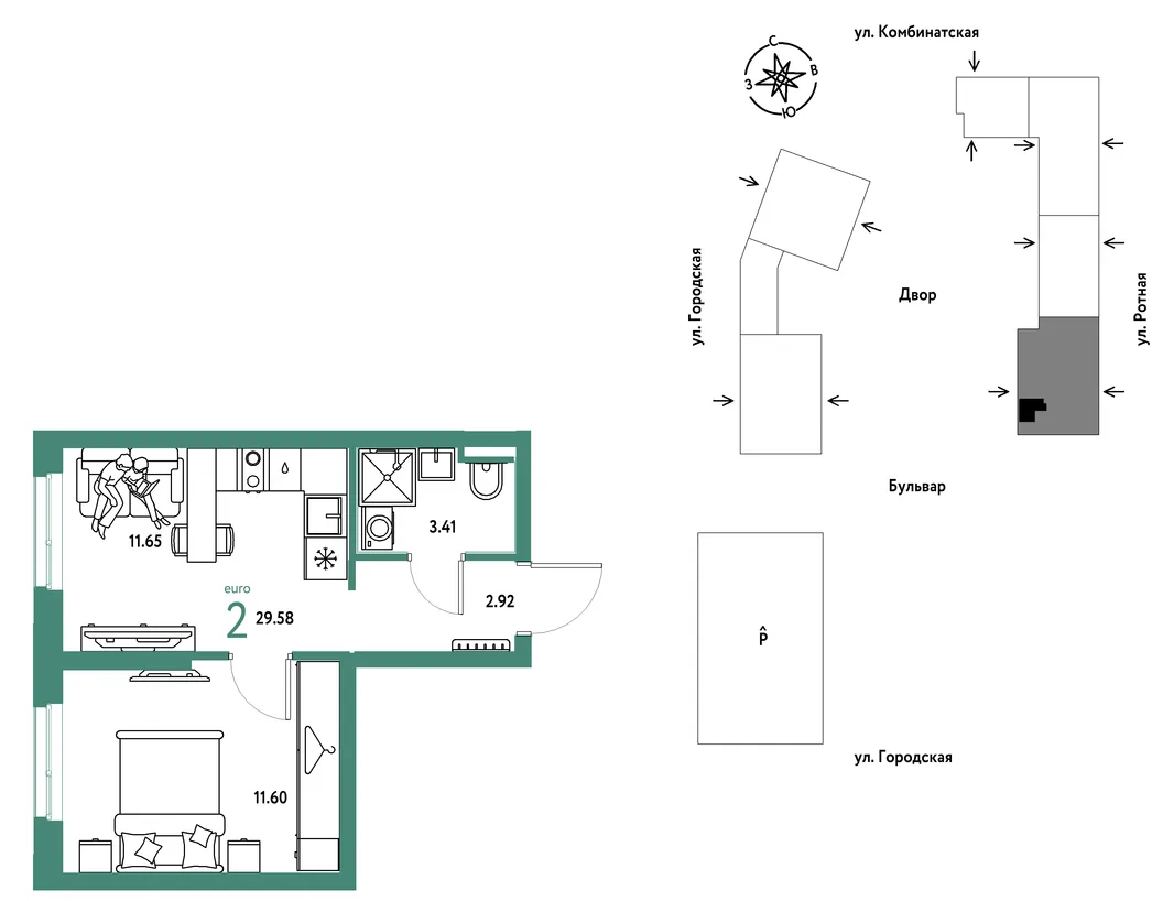 Планировка 2-комн. квартира, 29.58 м² ЖК «Уральский сад»