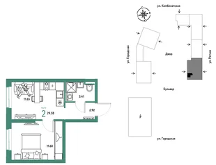 Планировка 2-комн. квартира, 29.58 м² ЖК «Уральский сад»