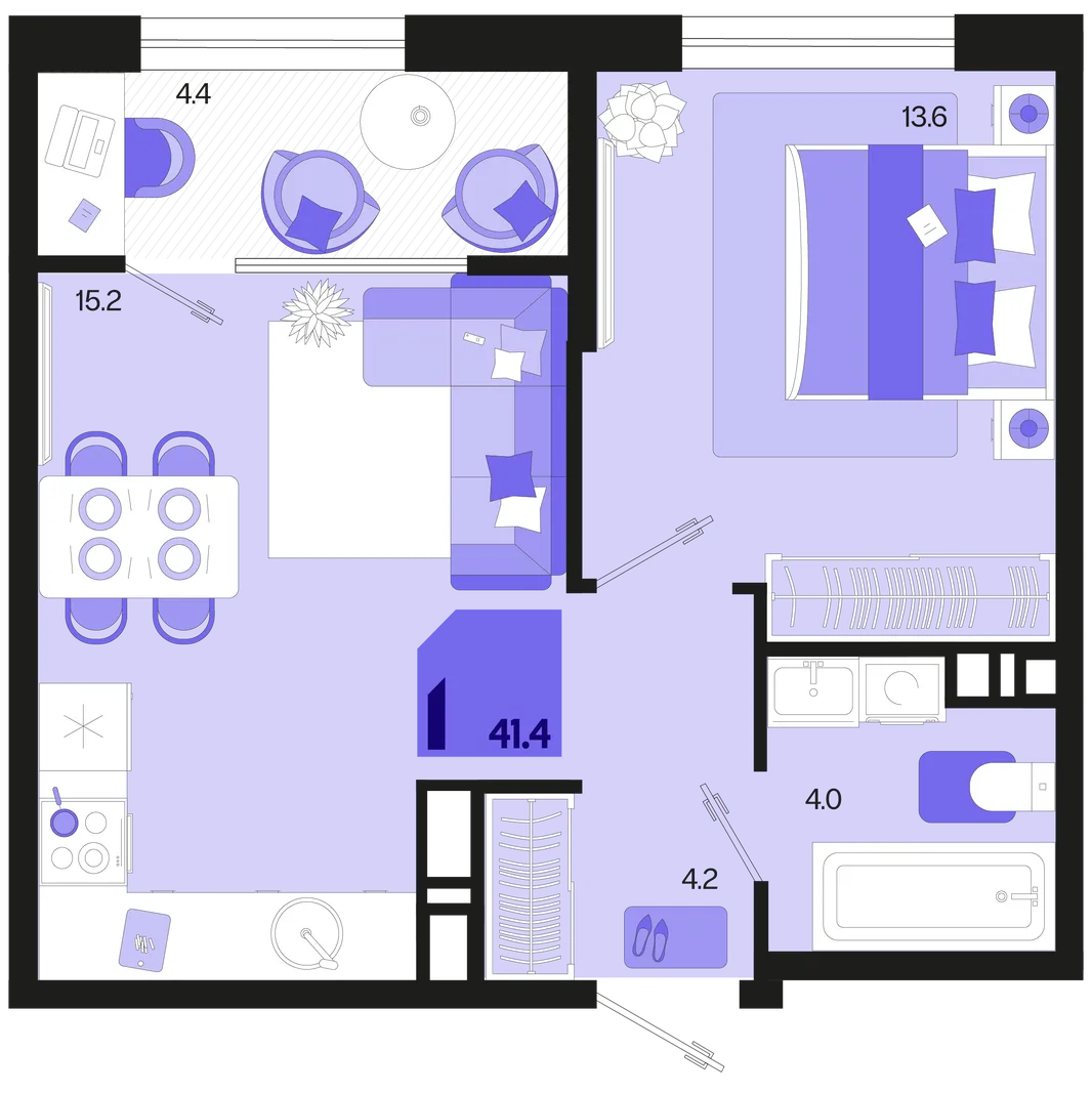 Планировка 1-комн. квартира, 41.4 м² ЖК «Первое место»