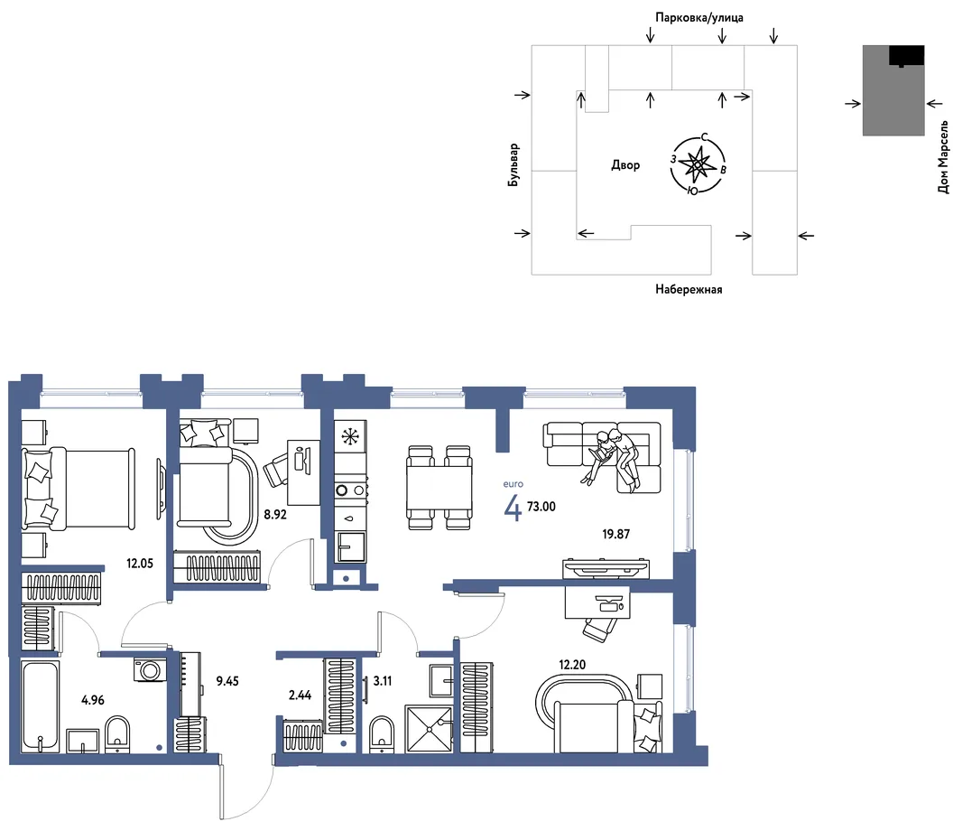Планировка 4-комн. квартира, 73 м² ЖК «Европейский берег 2.0»