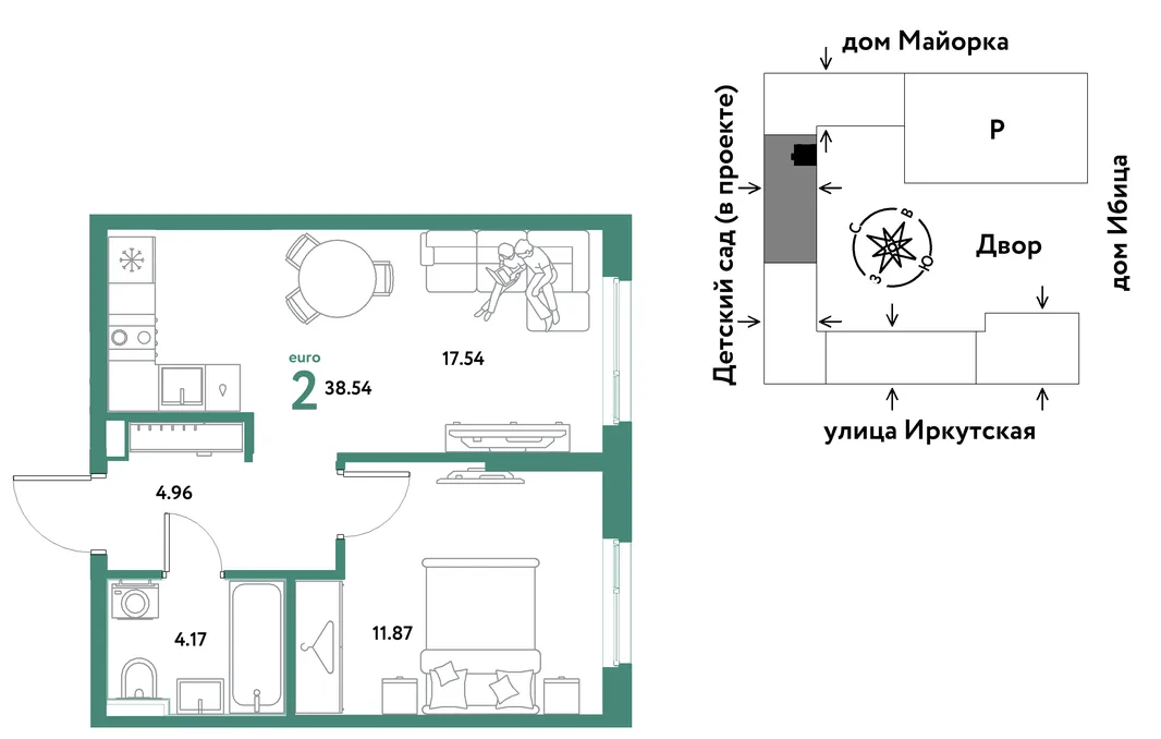 Планировка 2-комн. квартира, 38.54 м² ЖК «Остров-сад»