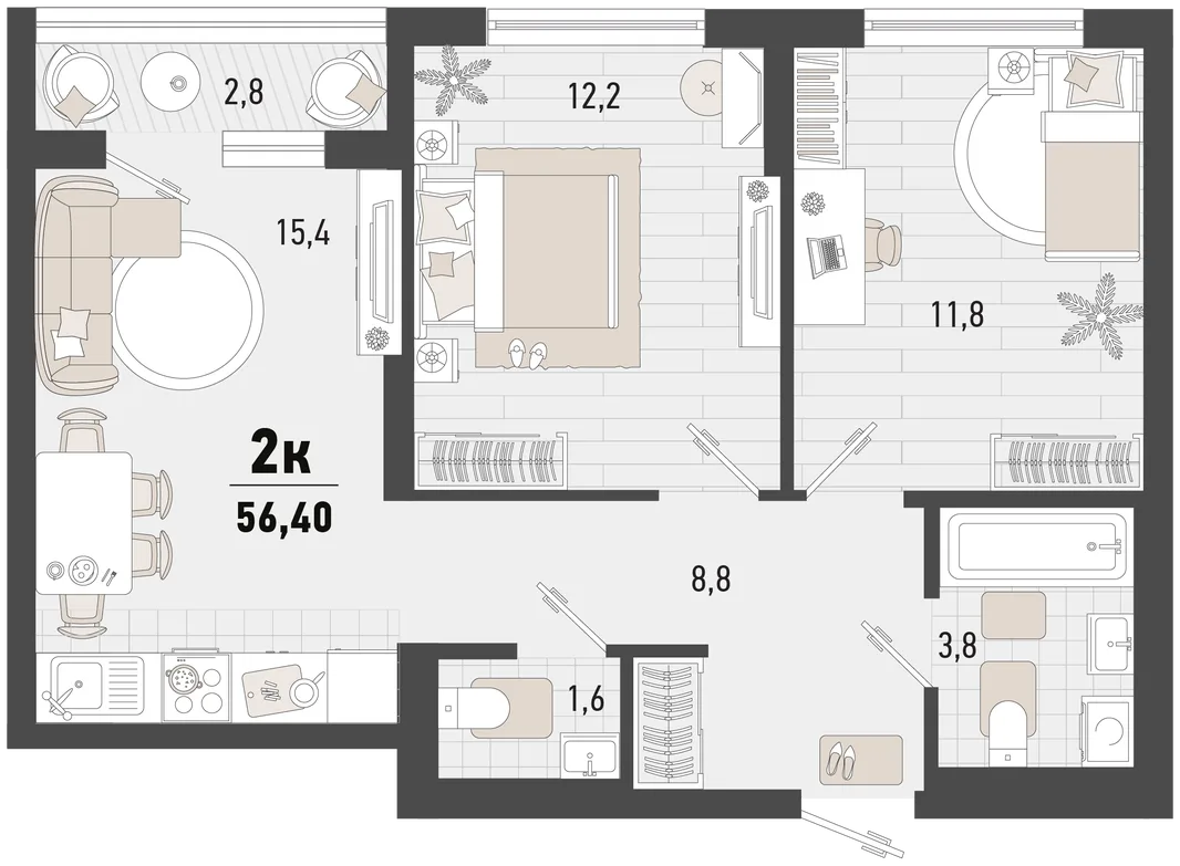 Планировка 2-комн. квартира, 56.4 м² ЖК «Барса»