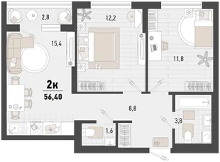 Планировка 2-комн. квартира, 56.4 м² ЖК «Барса»